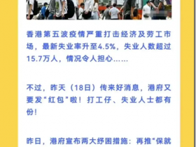 香港又发钱了，月收入低于3万元每月补贴8000元，期限3个月。临时失业支援：合规失业人士，可申请一笔过万元资助。