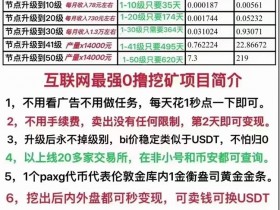 数字黄金PAXG币:让区块链投资更稳健。PAX Gold是首个受监管的数字黄金产品,1个PAX Gold代表1盎司存放在伦敦专业金库设施中的标准交割金条。零撸主流币PAXG,一币最高18000元左右,已上各大交易所,全程零投资。0.001币起即可交易,PAXG 30级一天点一下420元,40级一天点一下9000元!